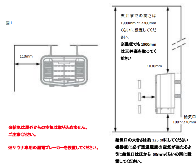 SENSE SPORT6.6kW/8kW サウナヒーター離隔距離