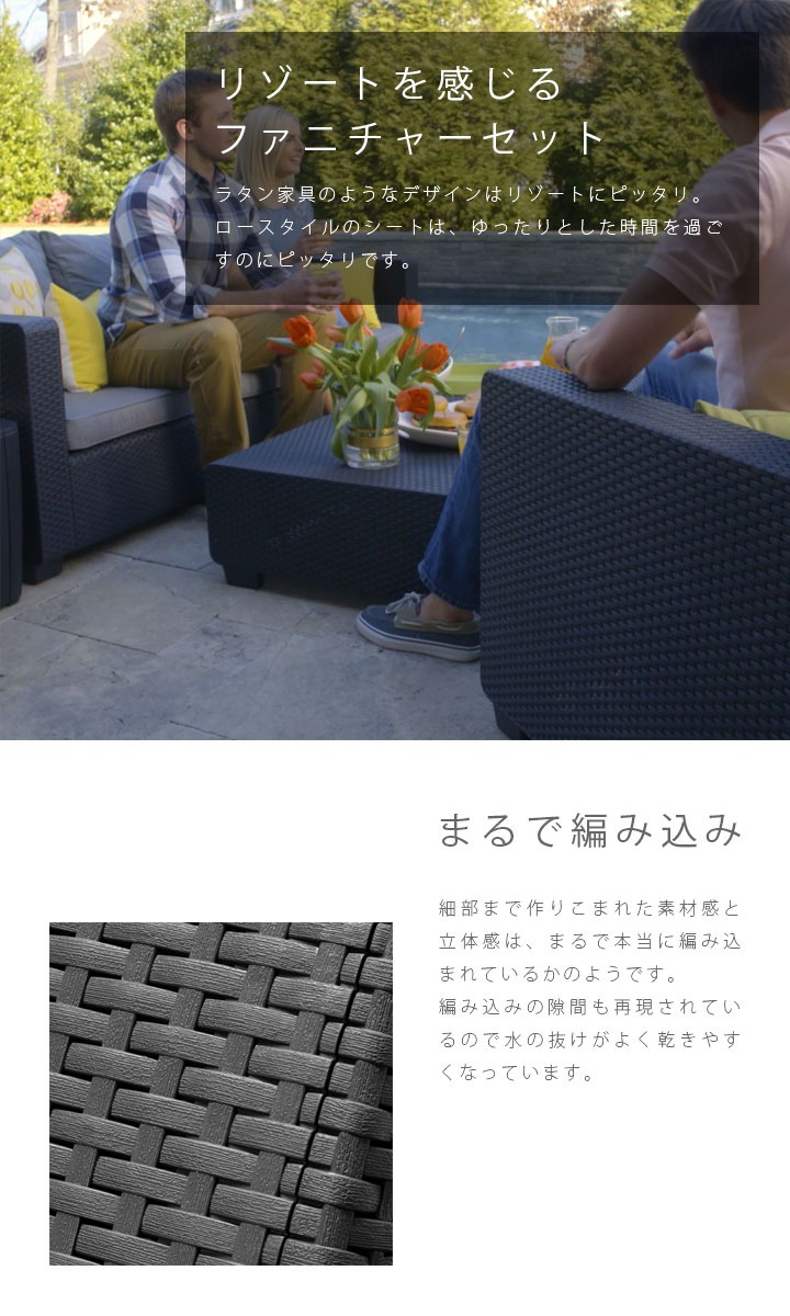 4点セット 3人掛けガーデンソファー・シングルソファ・フットスツール（オットマン）・テーブル ケター（KETER） サルタ