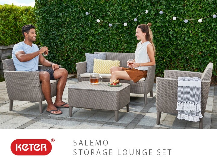 4点セット 収納付きガーデンテーブル・ソファ・チェア2脚 ケター（KETER） サレモ GP155357・CC155340