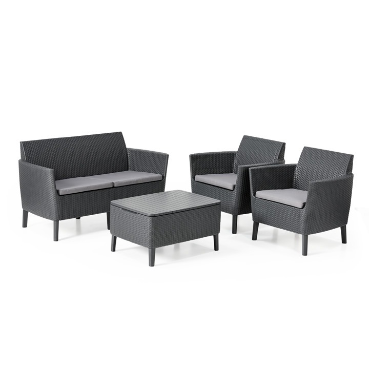 4点セット 収納付きガーデンテーブル・ソファ・チェア2脚 ケター（KETER） サレモ GP155357・CC155340