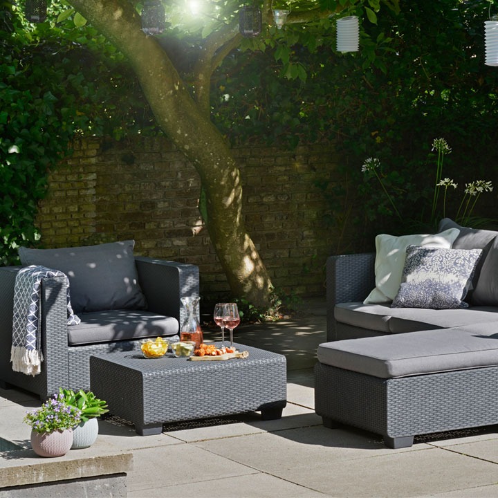 4点セット 3人掛けガーデンソファー・シングルソファ・フットスツール（オットマン）・テーブル ケター（KETER） サルタ